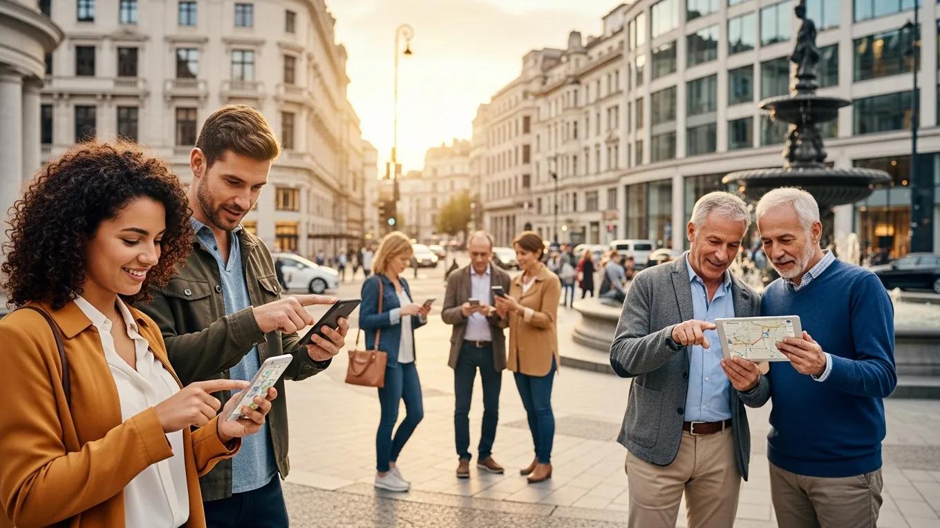 Group of users enjoying seamless mobile navigation experience in a casual environment