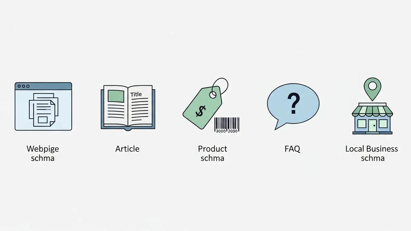 Icons representing essential SEO schema types for structured data strategy