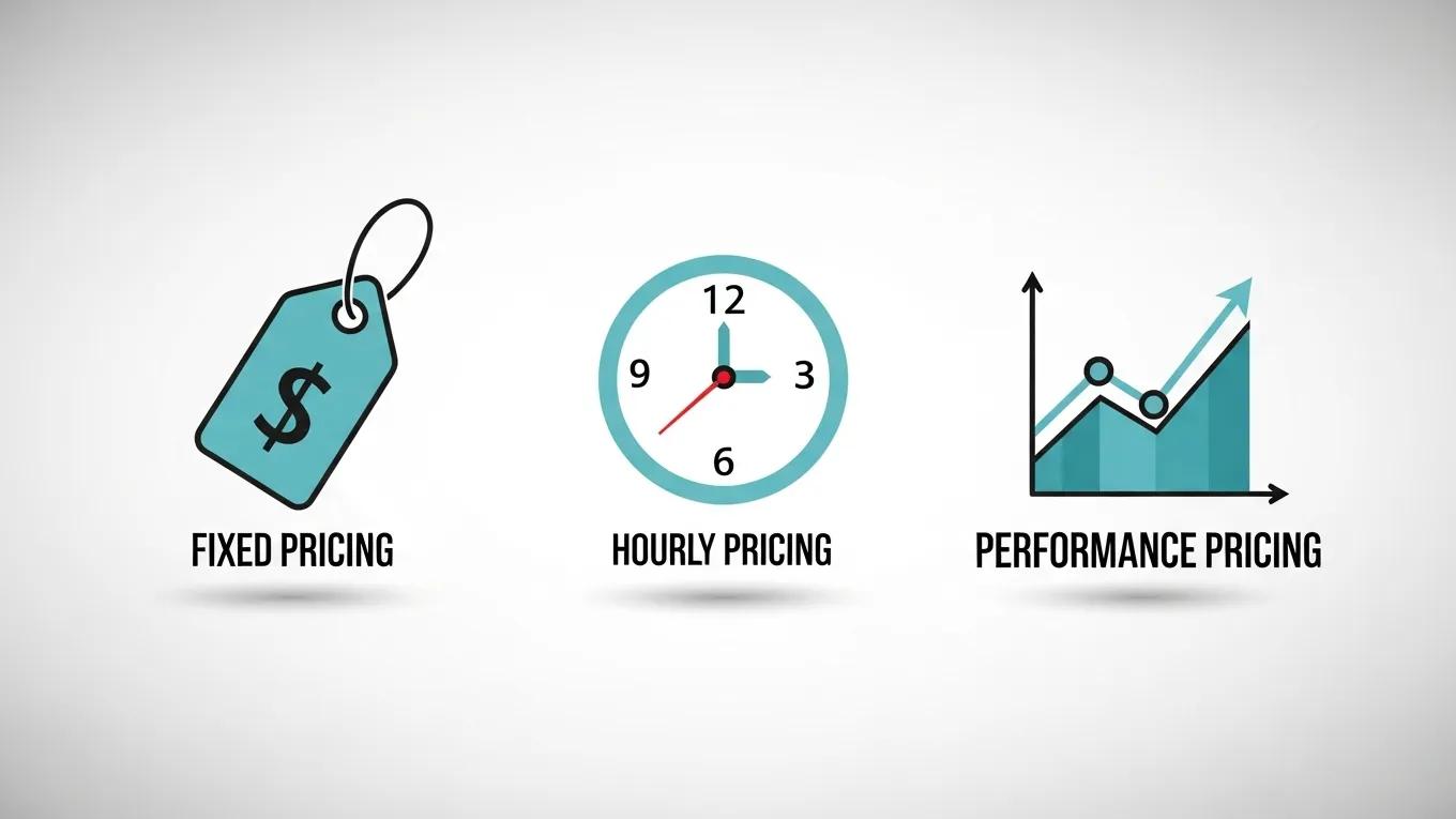 Icons representing fixed, hourly, and performance-based SEO pricing models