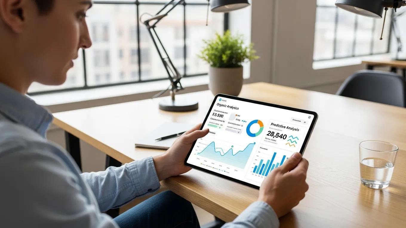 Individual analyzing predictive analytics for SEO performance metrics on a tablet
