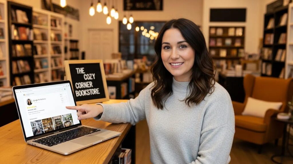 Local business owner optimizing Google My Business for better local SEO visibility