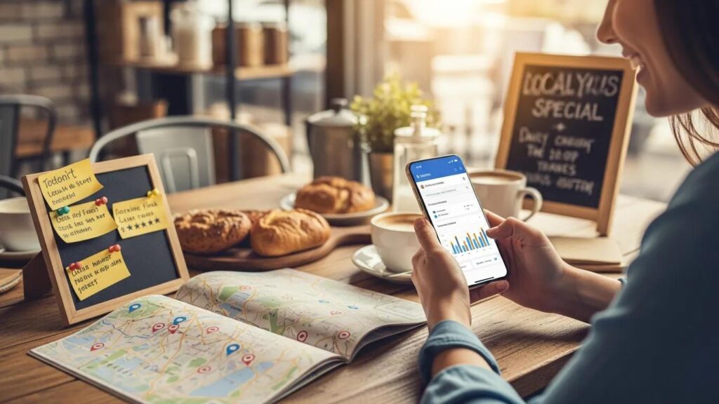 Local business owner optimizing mobile SEO in a café setting