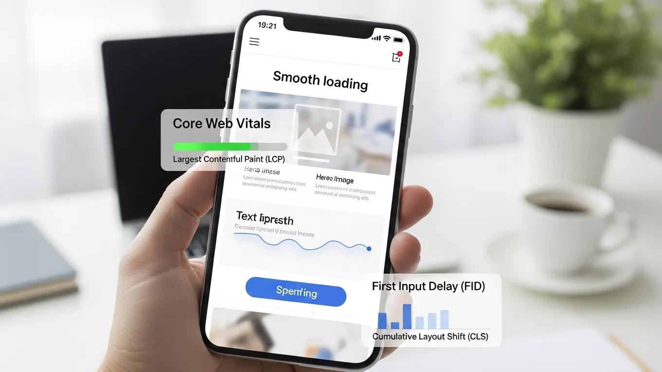 Mobile device displaying a smoothly loading webpage, highlighting Core Web Vitals for SEO