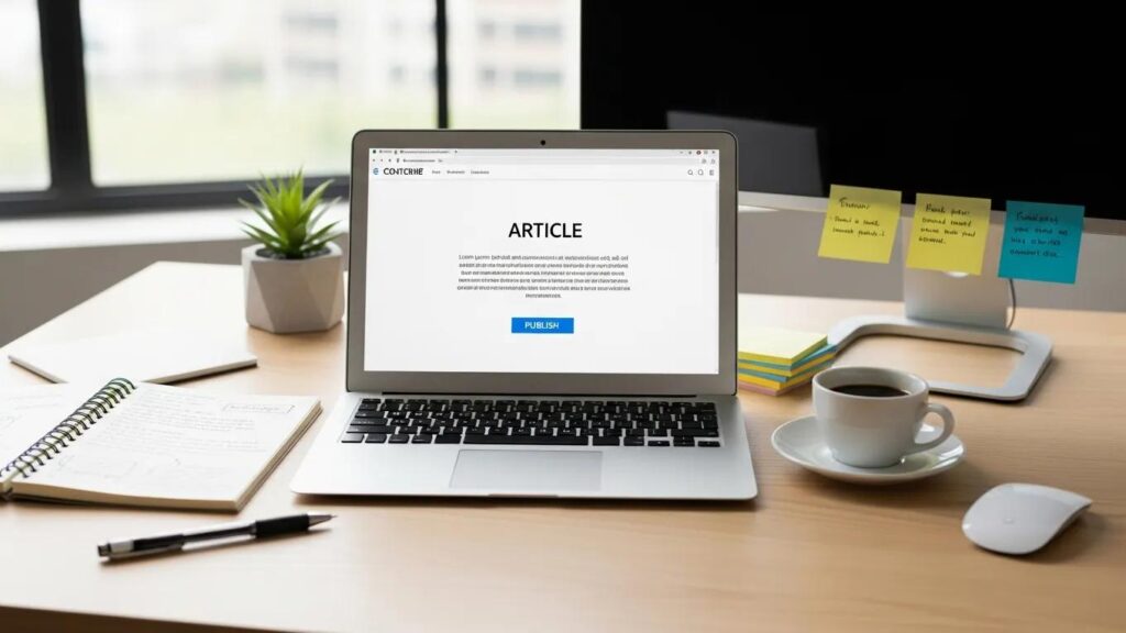 Modern workspace with laptop and notes illustrating SEO-friendly content optimization