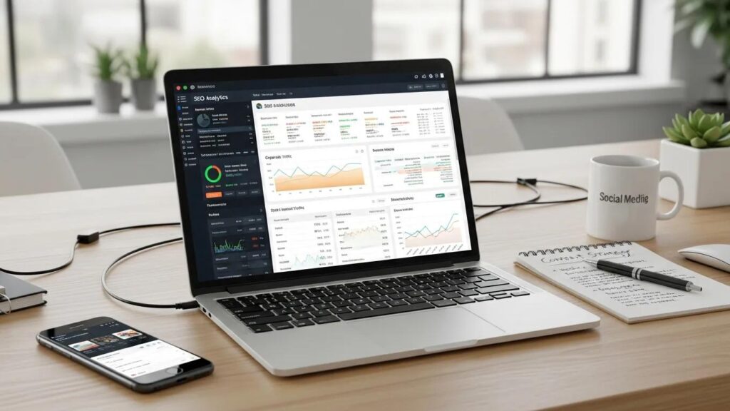 Modern workspace with laptop showing SEO analytics and digital marketing tools