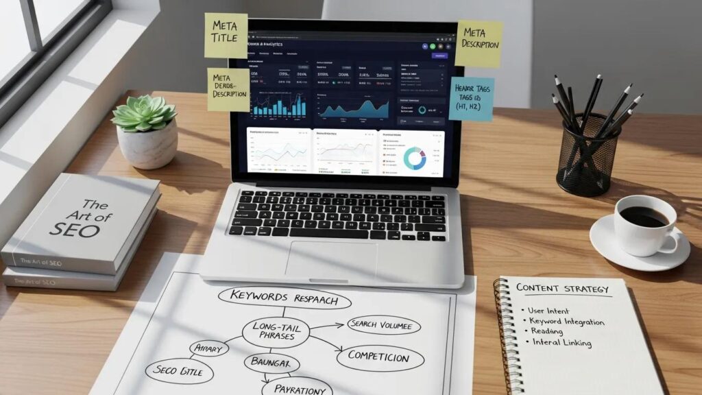 Modern workspace with laptop showing website analytics, symbolizing on-page SEO techniques