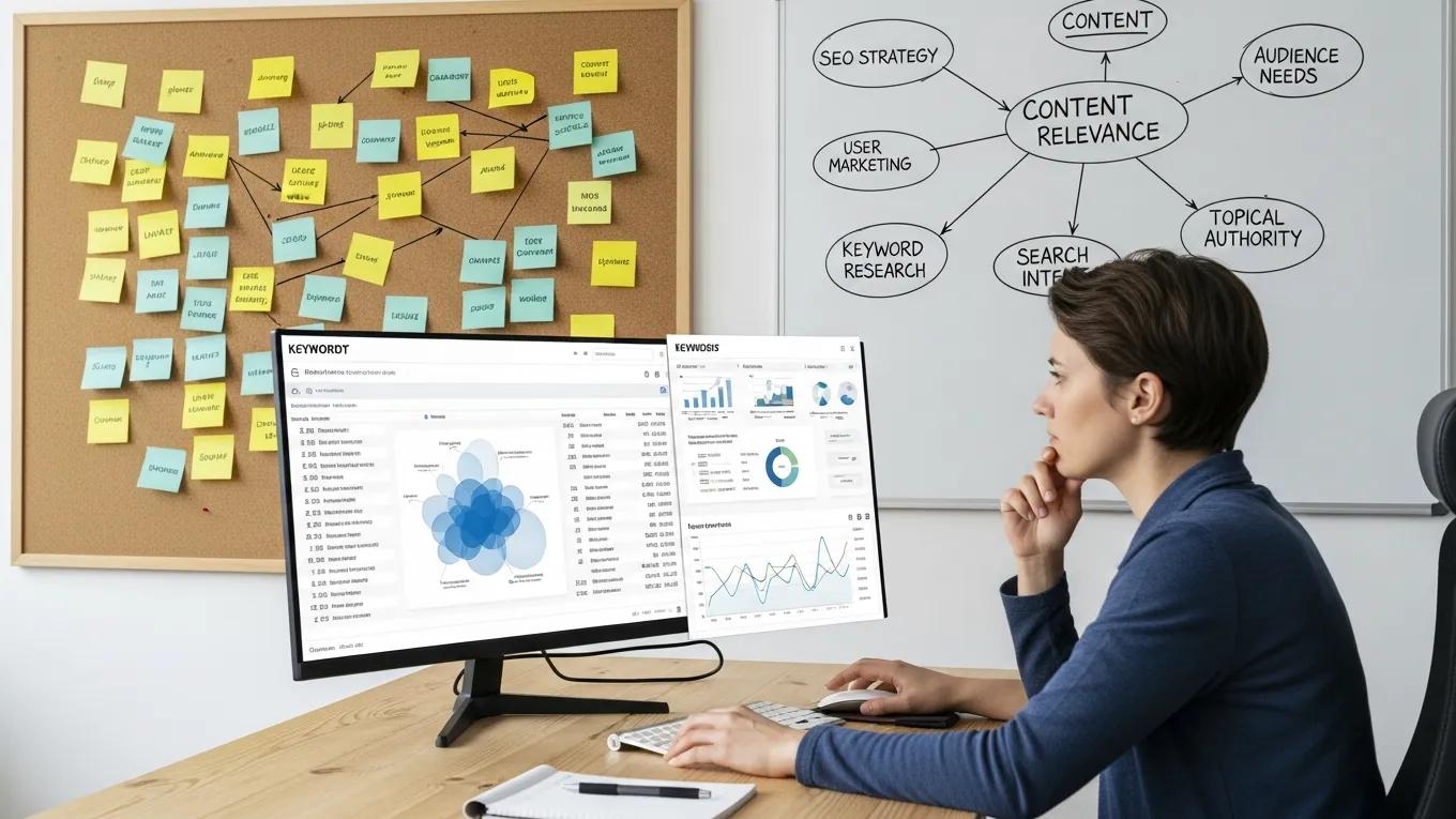 Person analyzing keyword data on a computer, emphasizing keyword research and semantic targeting