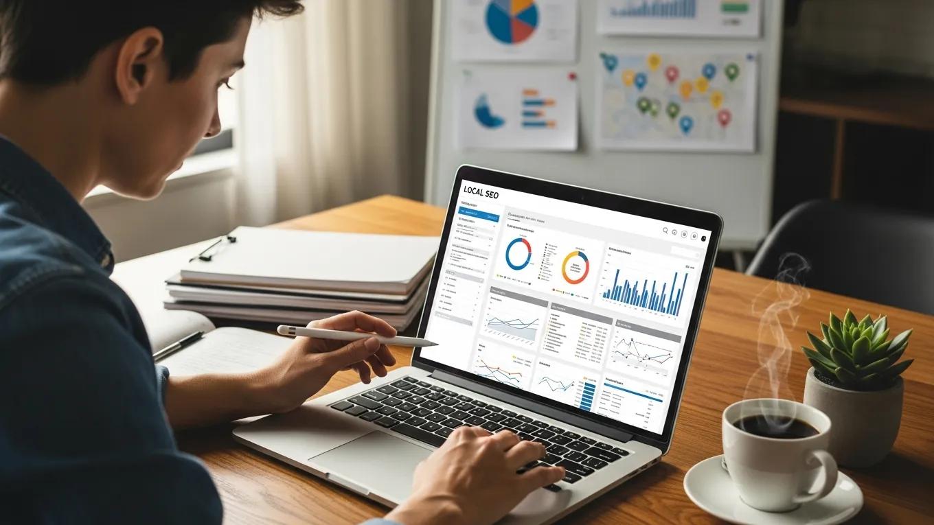 Person analyzing local SEO strategies on a laptop in a professional workspace