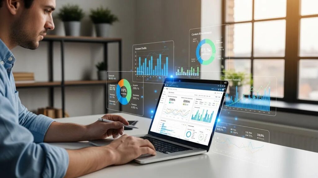 Person analyzing SEO content effectiveness data on a laptop in a modern office