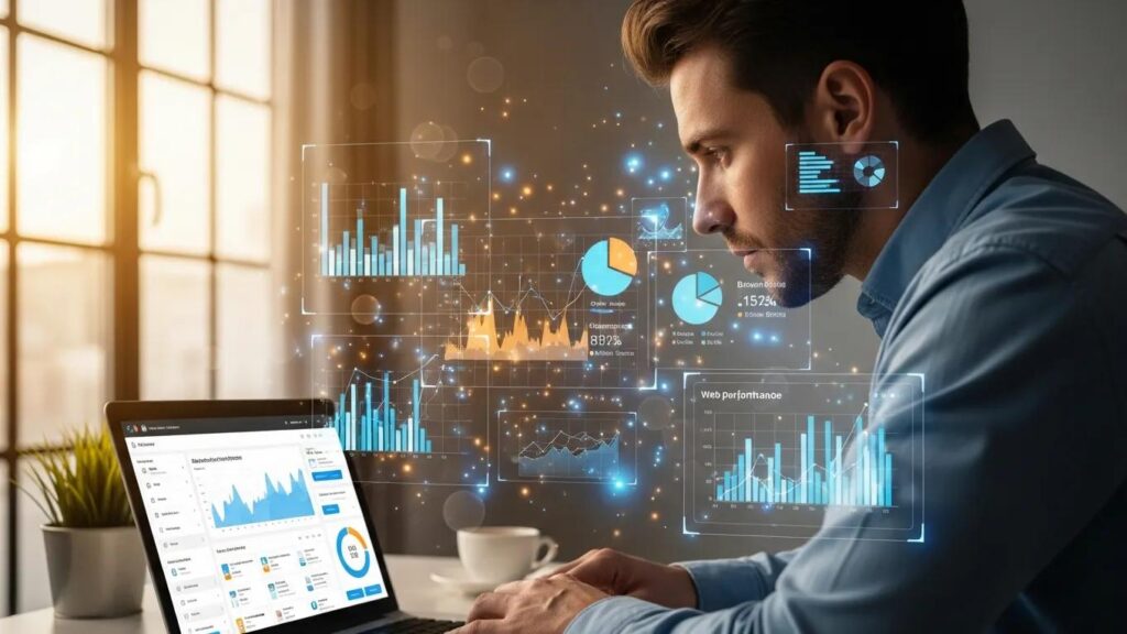 Person analyzing website performance with digital marketing elements