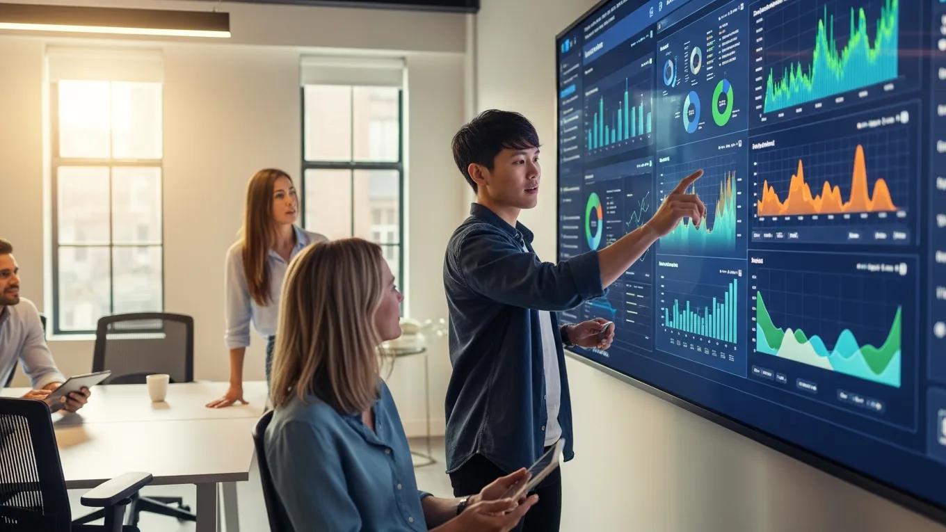 Person interacting with an interactive dashboard showcasing colorful data visualizations in a collaborative workspace