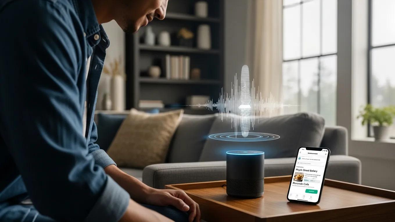 Person using a smart speaker for voice search in a home setting