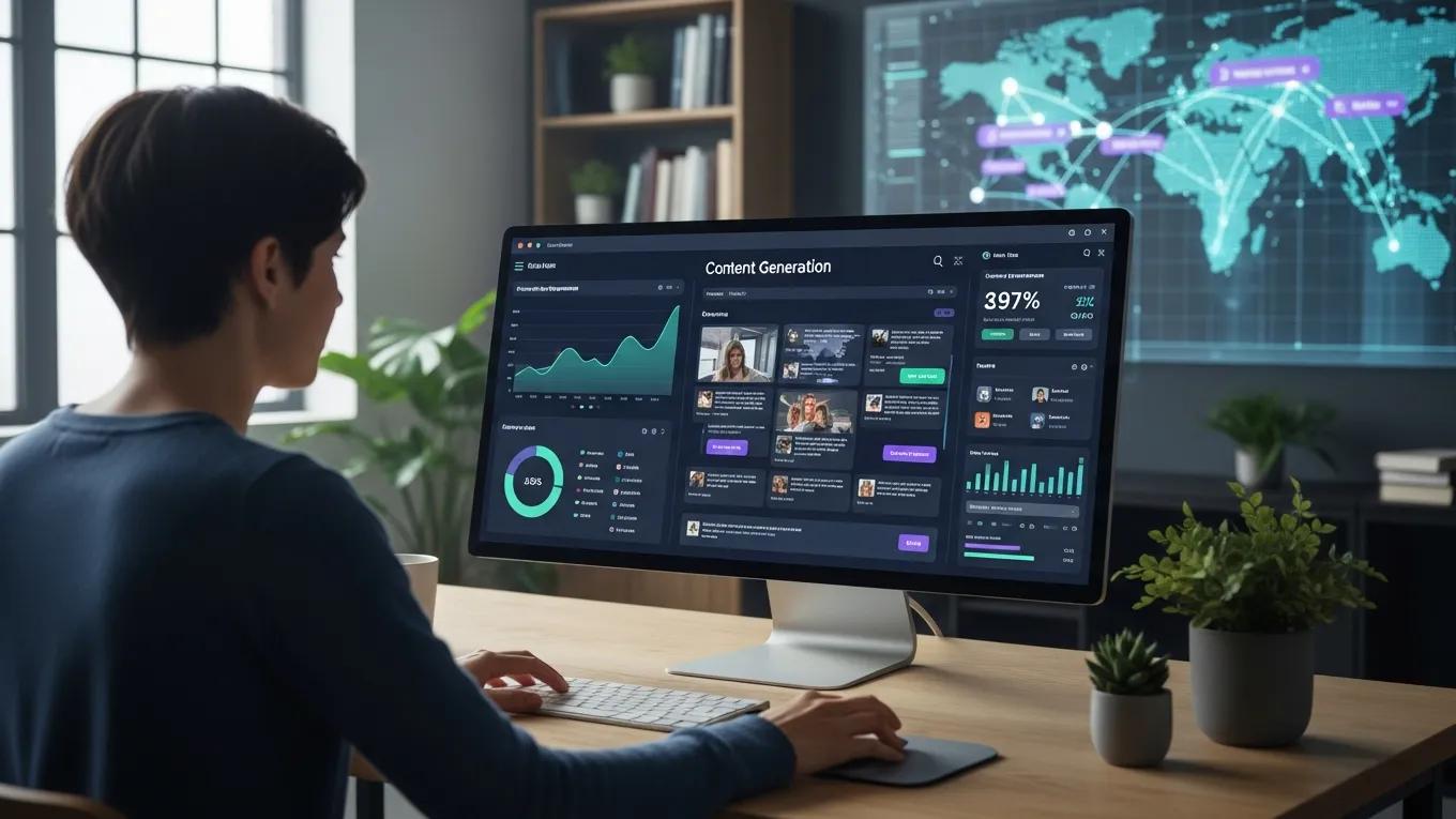 Person using AI tools for content creation and SEO analysis in a modern workspace
