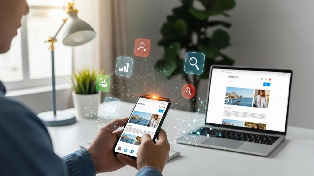 Person using smartphone in a modern workspace, illustrating mobile SEO optimization