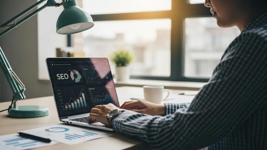 Professional workspace with a person analyzing SEO data on a laptop, emphasizing modern SEO practices