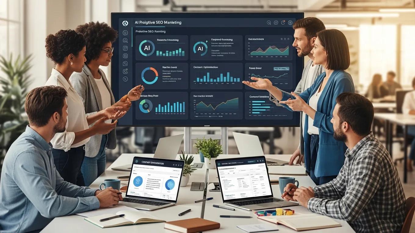 Professionals collaborating on digital marketing strategy using AI tools