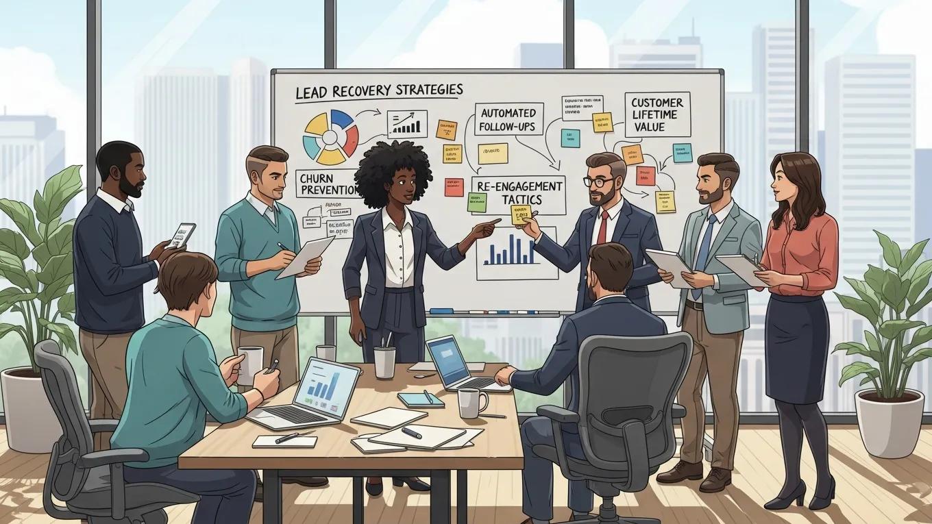 Sales team brainstorming missed lead recovery strategies in a collaborative office environment