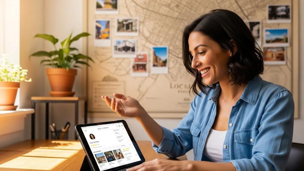 Small business owner optimizing Google My Business listing in a cozy office