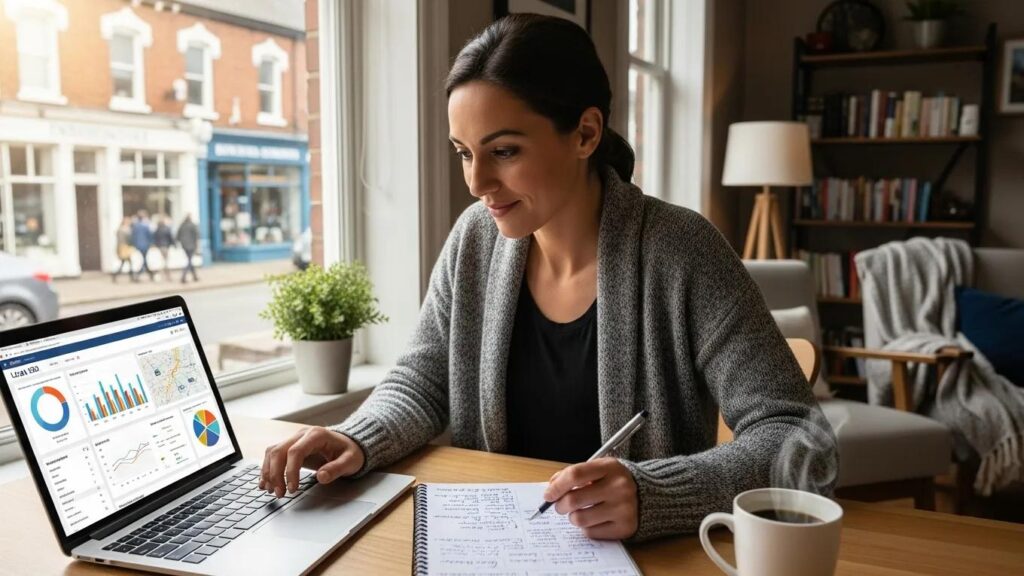 Small business owner reviewing local SEO strategies in a cozy office