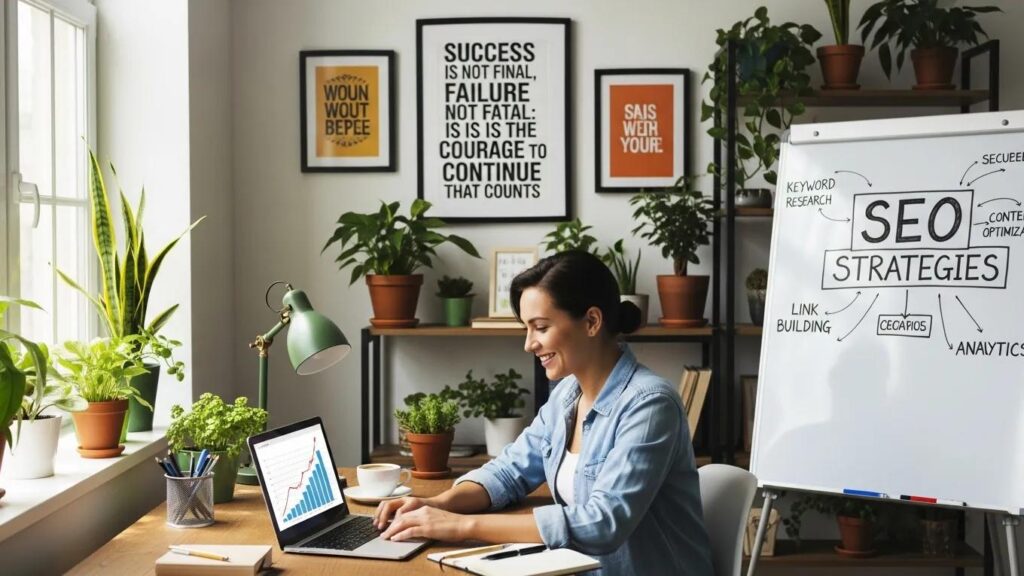 Small business owner working on SEO strategies in a cozy office setting