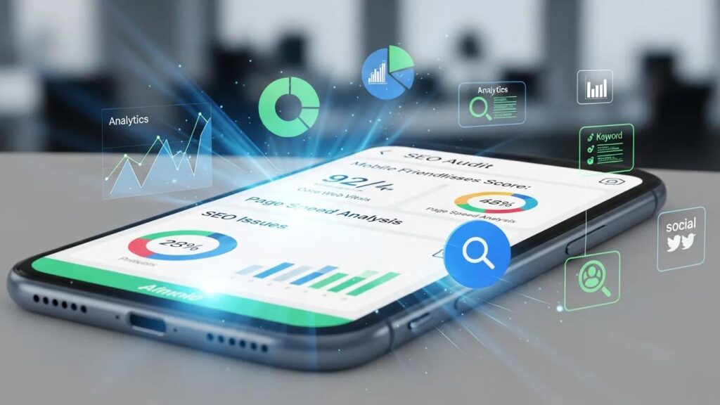 Smartphone displaying mobile SEO audit tool with digital marketing elements