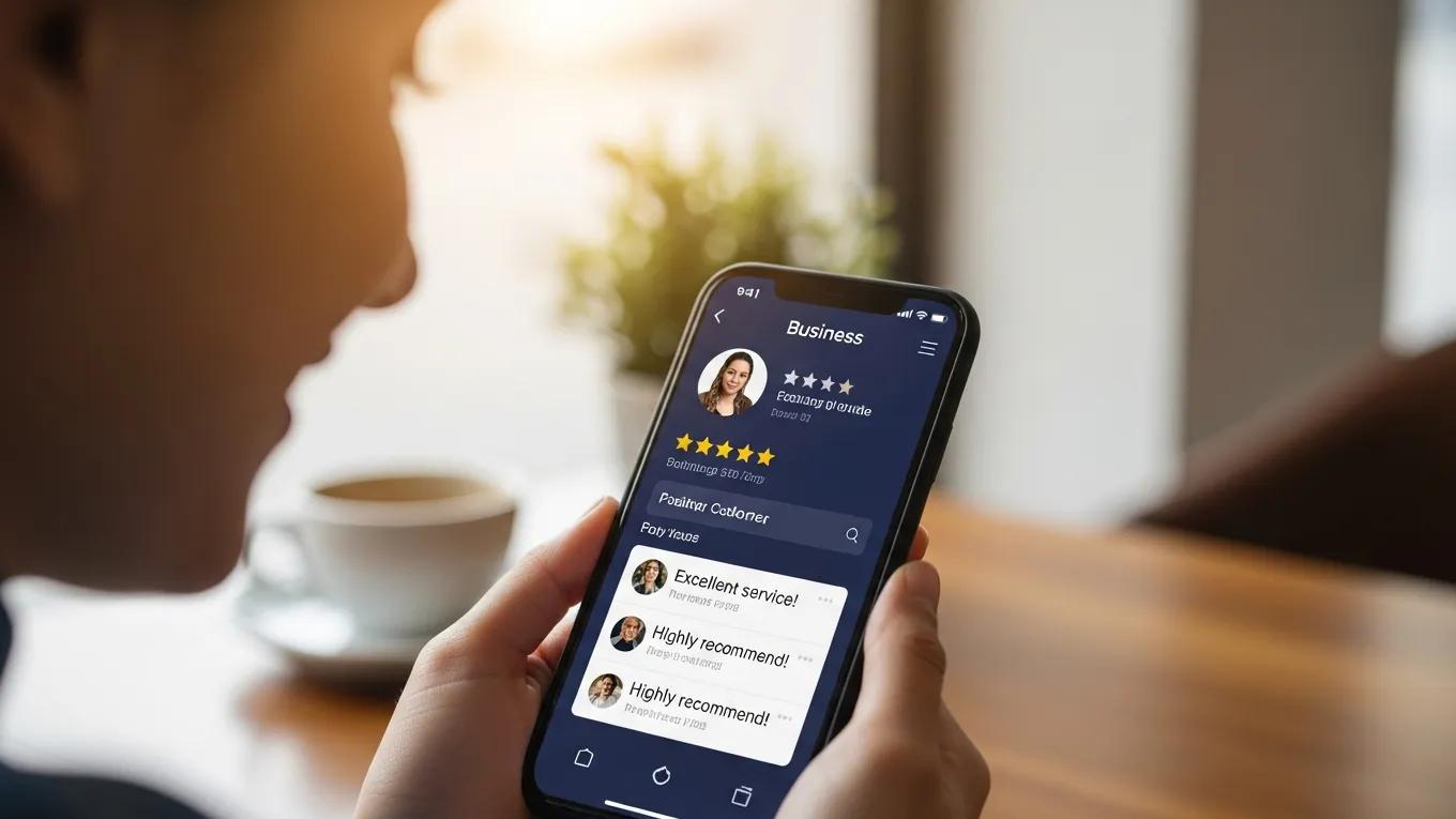 Smartphone displaying positive customer reviews enhancing local SEO performance