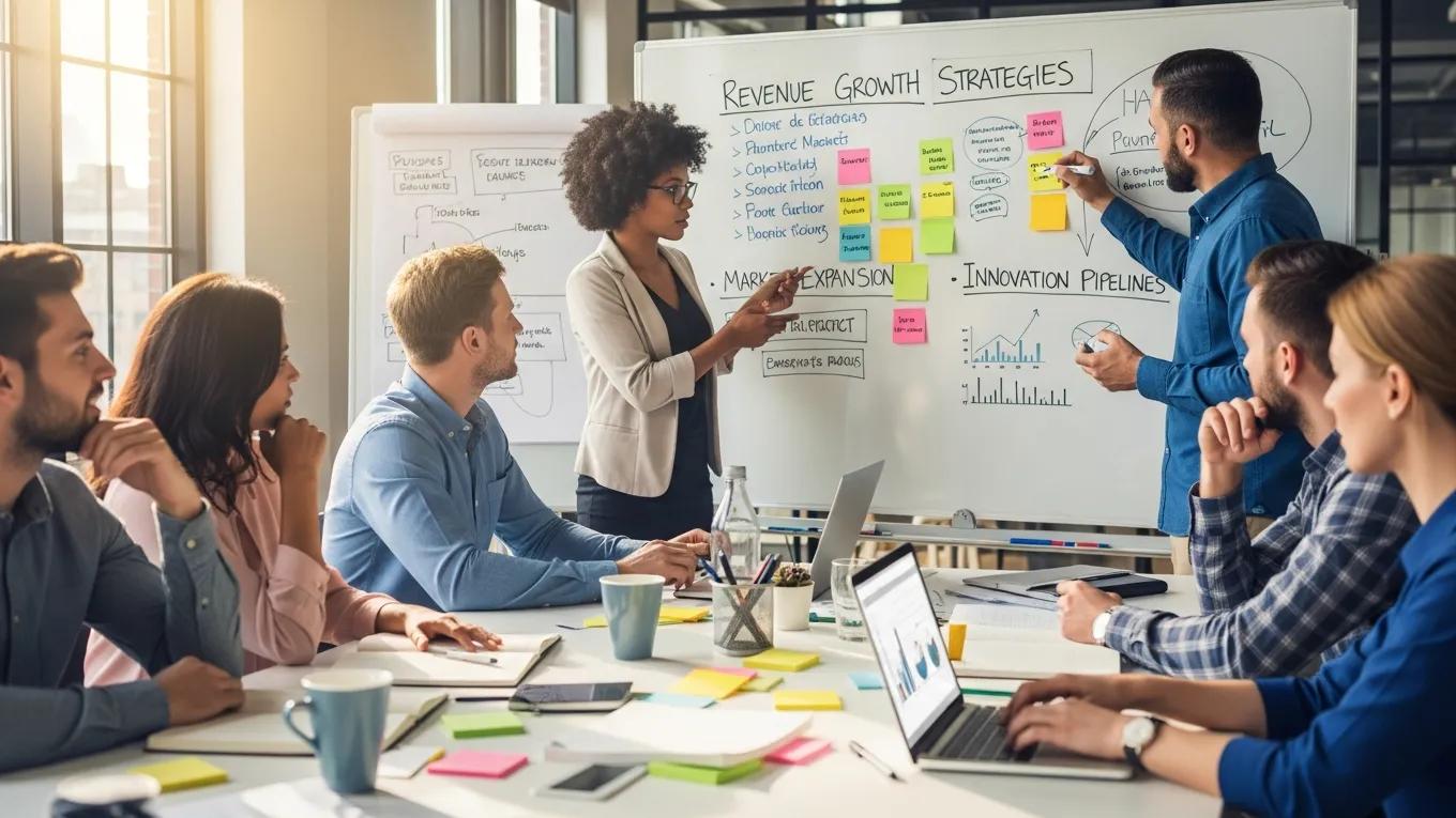 Team brainstorming strategies for revenue growth in a collaborative environment