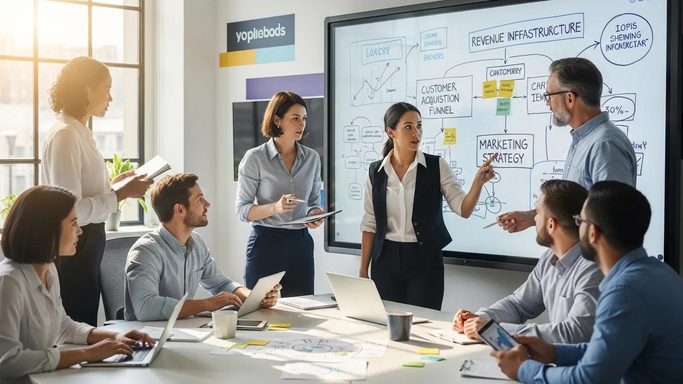 Team collaborating on revenue infrastructure strategies in a modern office setting