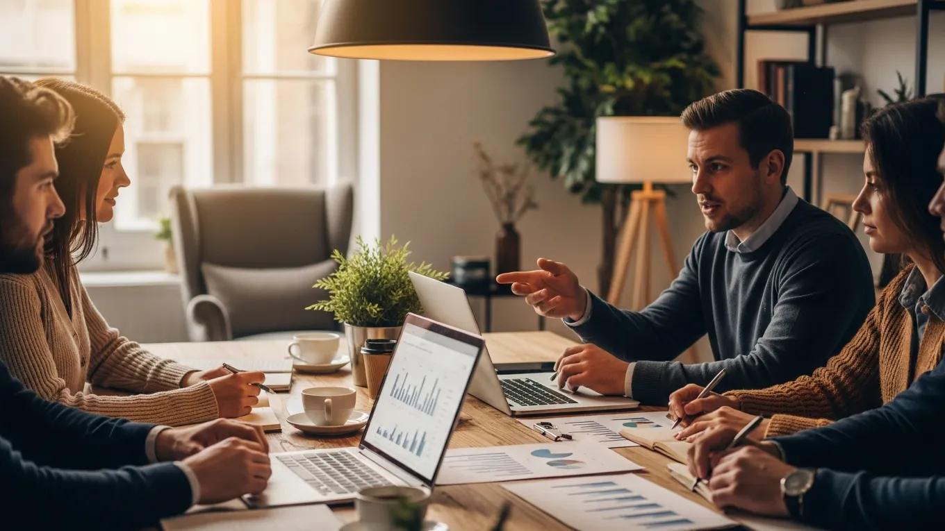 Team discussing revenue optimization techniques in a cozy meeting space, emphasizing collaboration and strategy