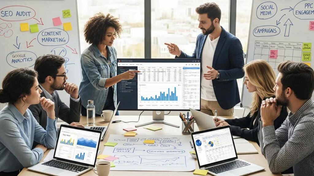 Team of professionals collaborating on SEO and digital marketing strategies