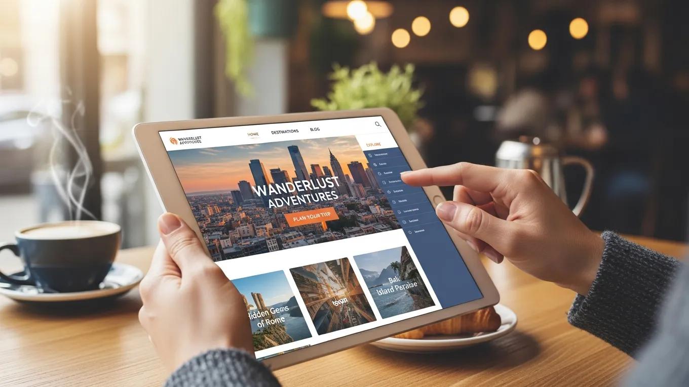 User interacting with a mobile website on a tablet in a cozy café, emphasizing user experience