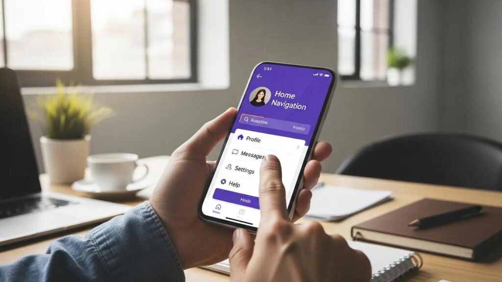 User interacting with a smartphone displaying optimized mobile navigation design