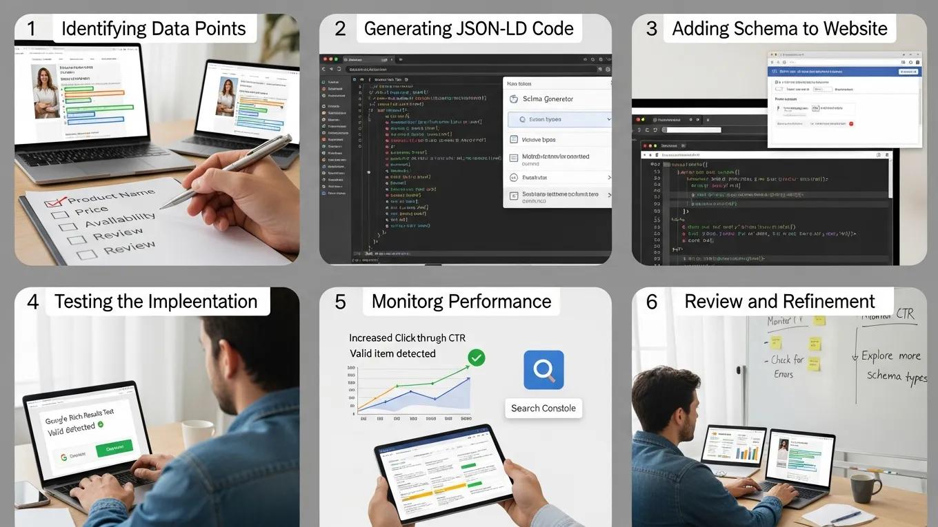 Visual guide for implementing JSON-LD schema markup with code snippets and checklist