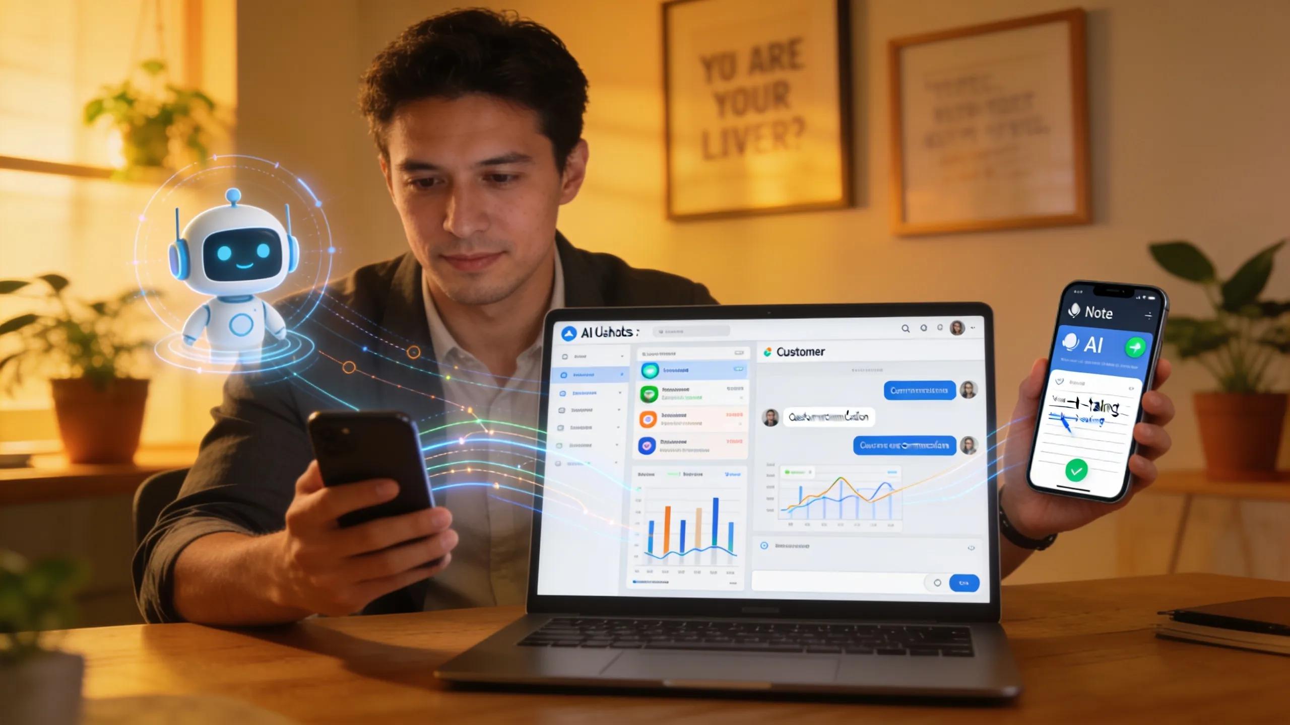 Business owner using AI tools on smartphone and laptop, showcasing integration of technology for customer communication