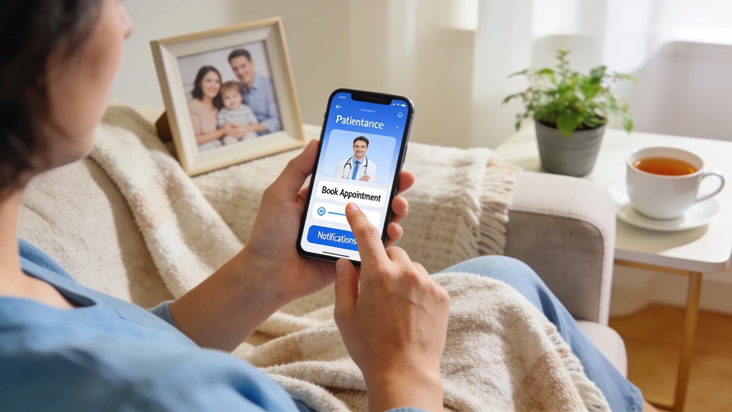 Patient using a smartphone app for healthcare services in a comfortable home setting