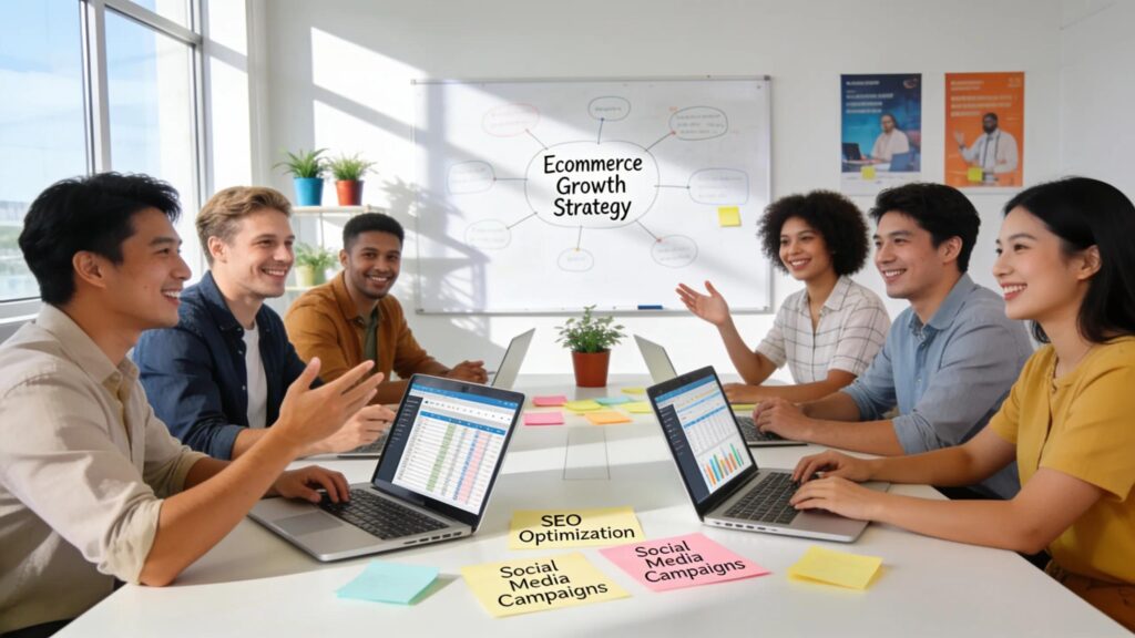 Team of professionals strategizing ecommerce marketing growth in a modern office environment