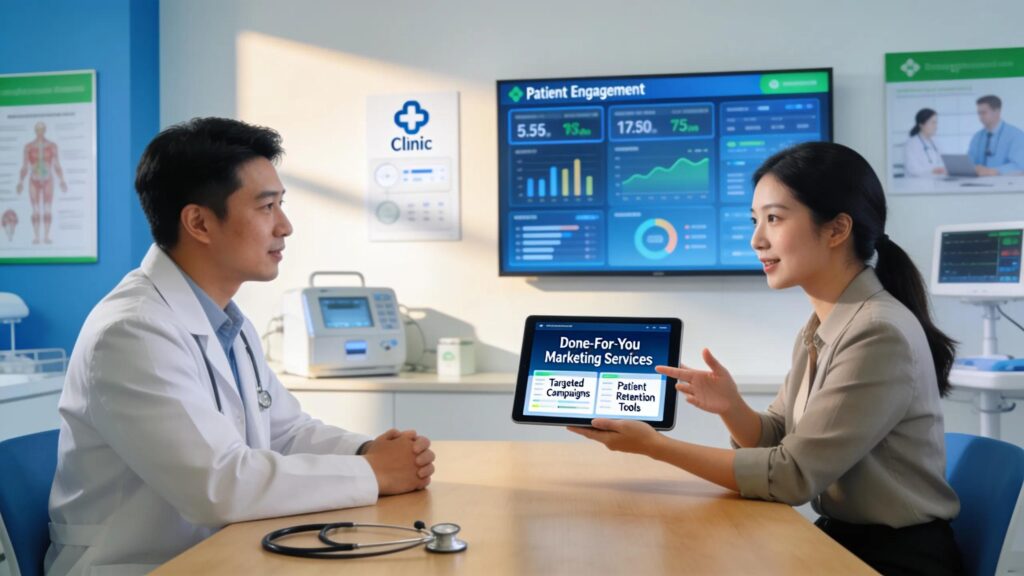 Healthcare marketing professional presenting a digital strategy to a provider in a collaborative office setting