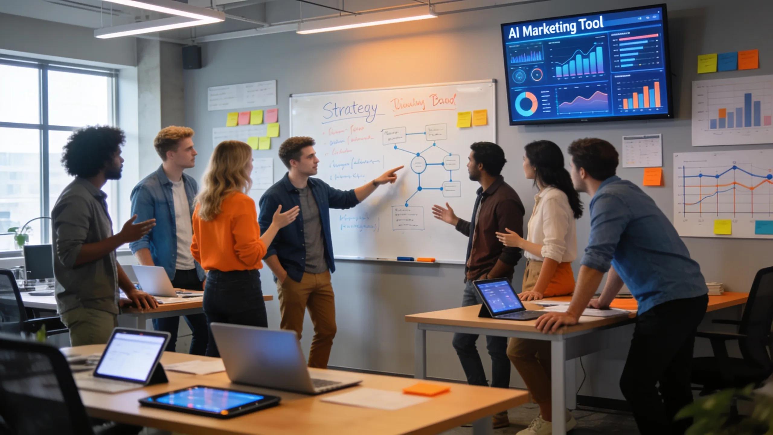 A diverse team collaborating in an office to enhance SaaS marketing strategies through AI