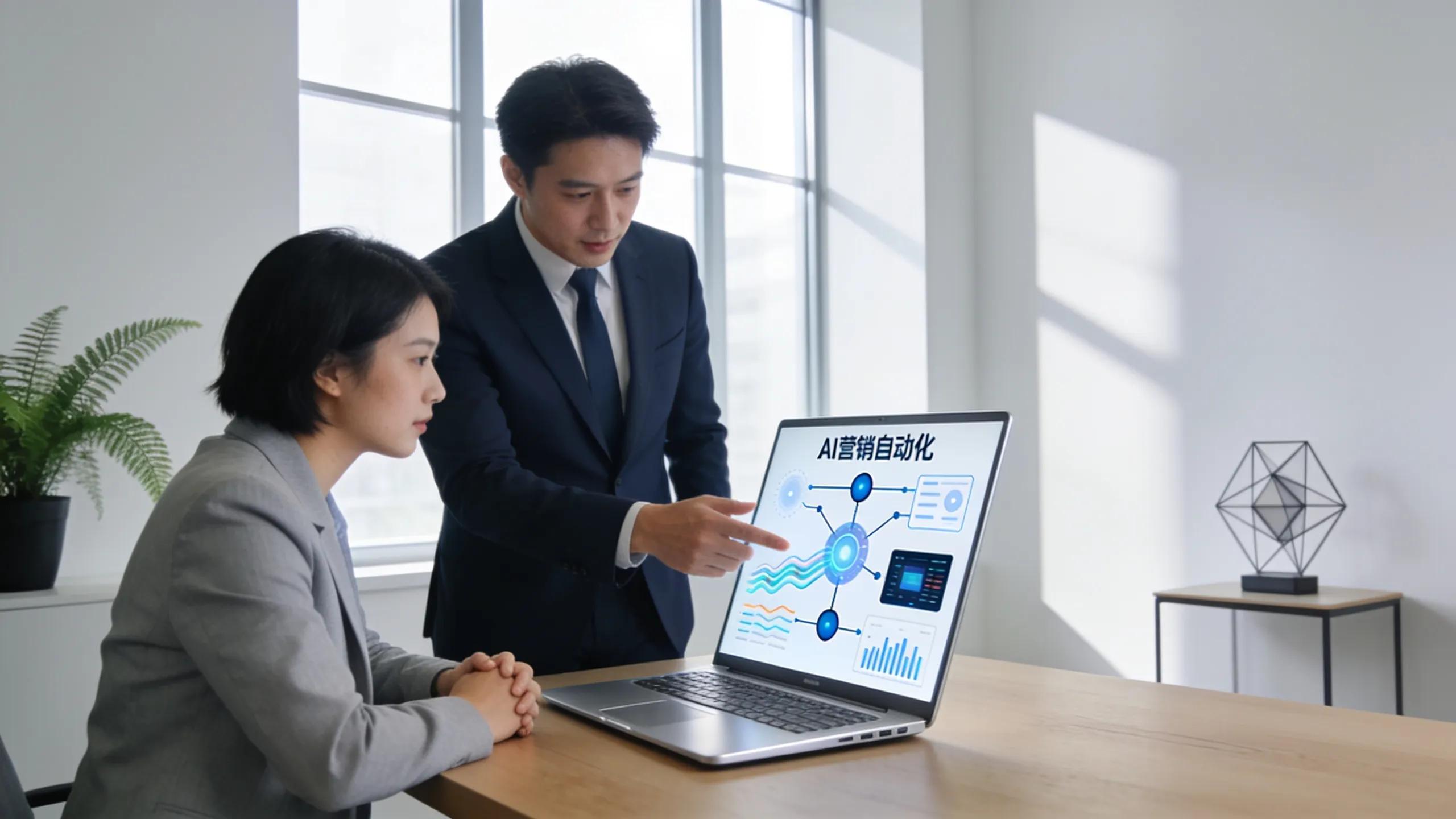 Marketing expert presenting AI tools to a client in a contemporary office