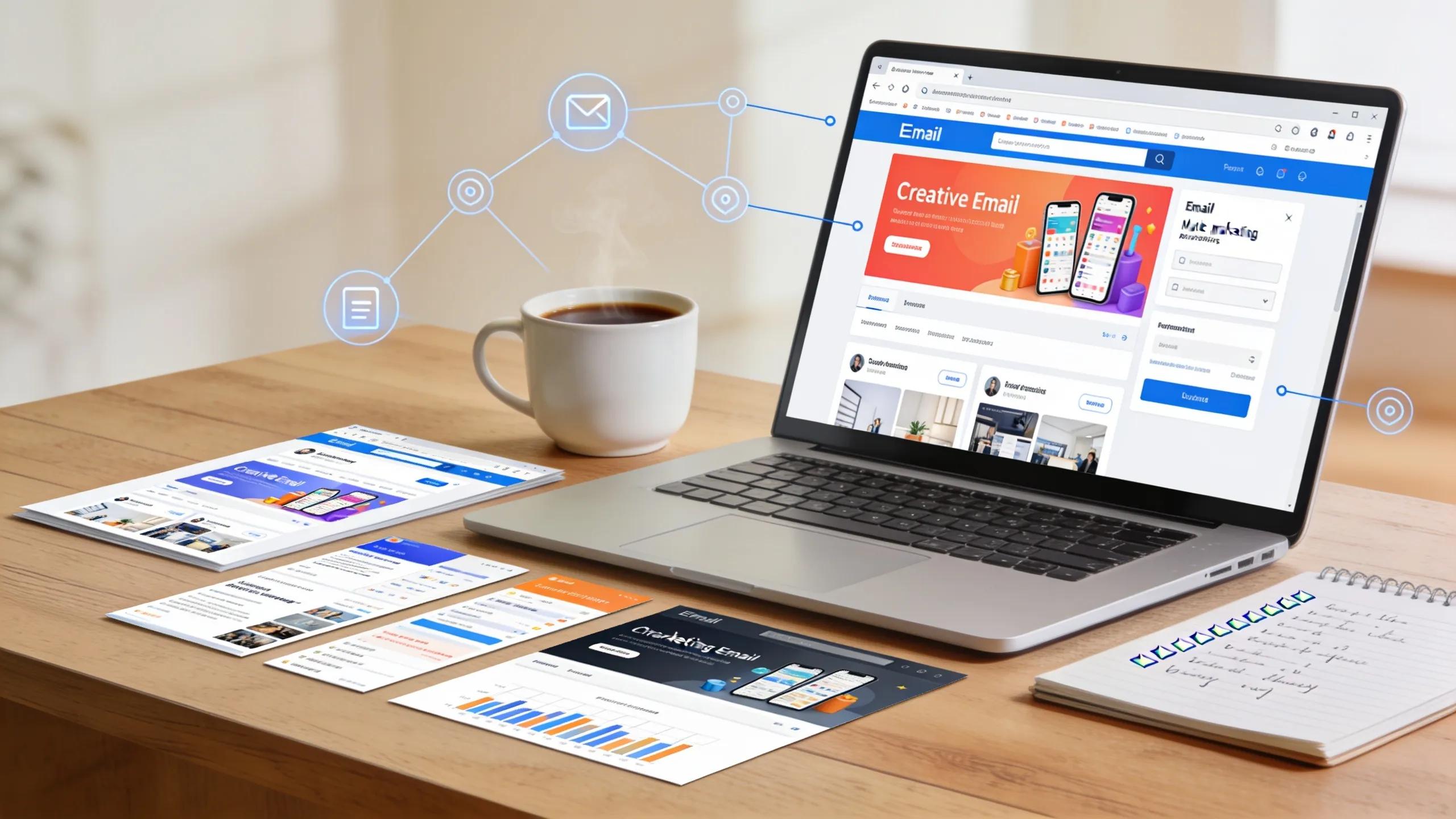 Stylish workspace with laptop open to email design, showcasing ecommerce email automation