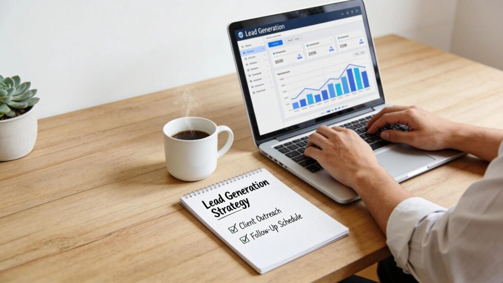 A productive workspace with a laptop, coffee, and notepad, symbolizing done-for-you lead generation systems