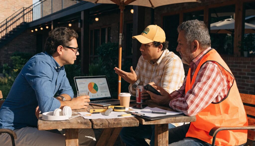 Contractor discussing marketing strategies in an outdoor setting with clients