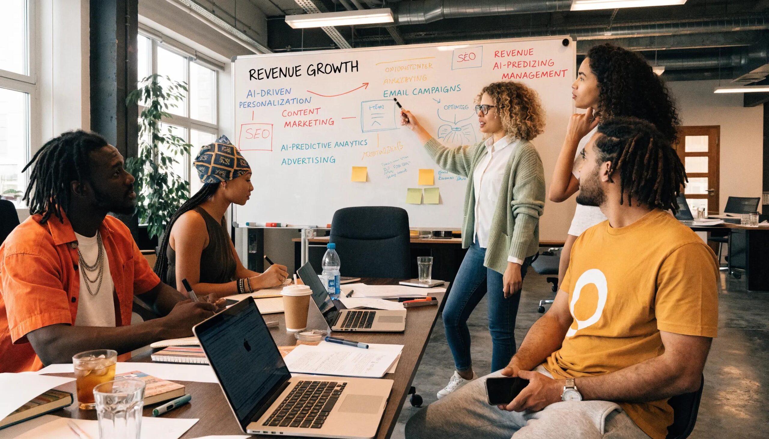 Team brainstorming revenue growth strategies in a creative office space