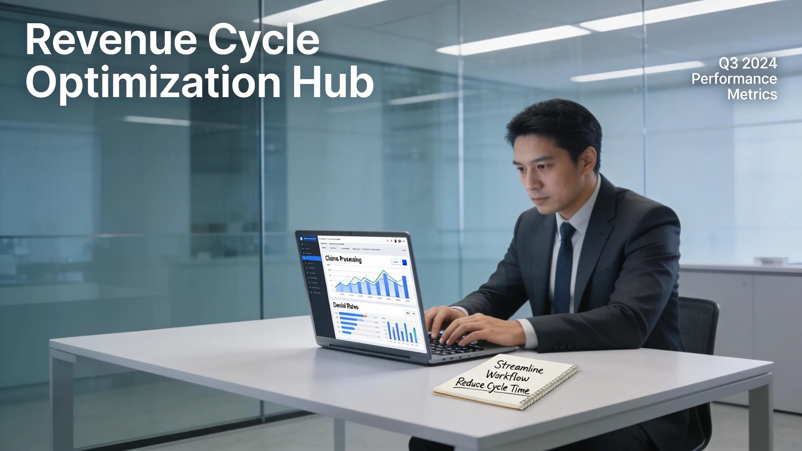Healthcare administrator reviewing financial performance metrics in a modern office setting