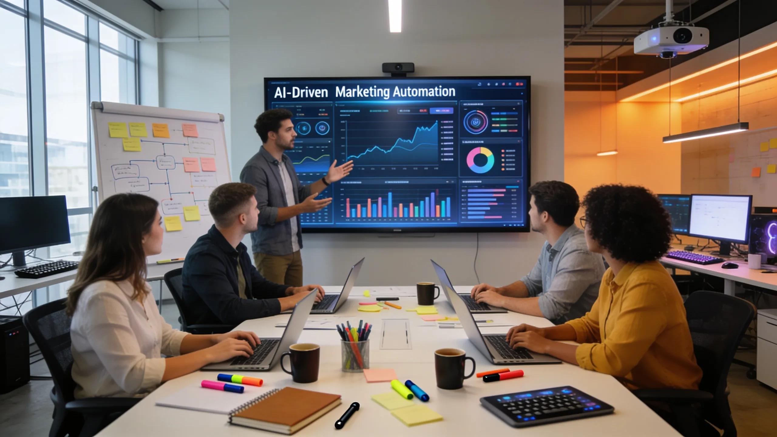 Team collaborating on marketing automation strategies in a modern office