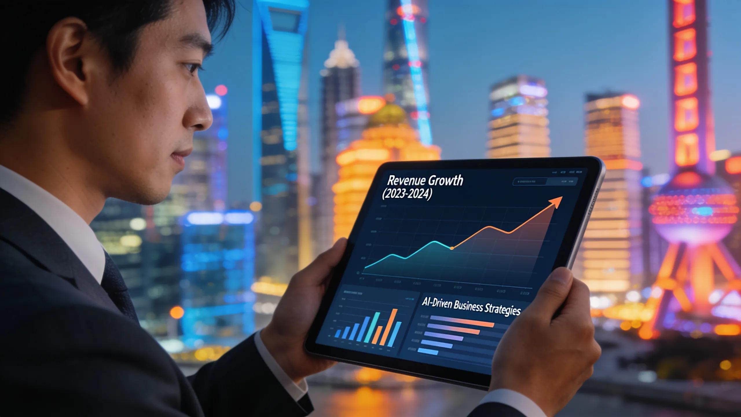 Professional reviewing AI-driven revenue data on a tablet in a vibrant urban environment