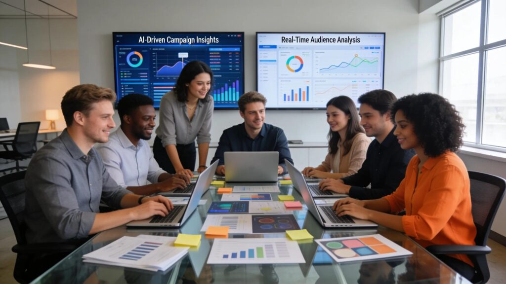 Team of marketers collaborating in a modern workspace, emphasizing teamwork and AI-driven strategies
