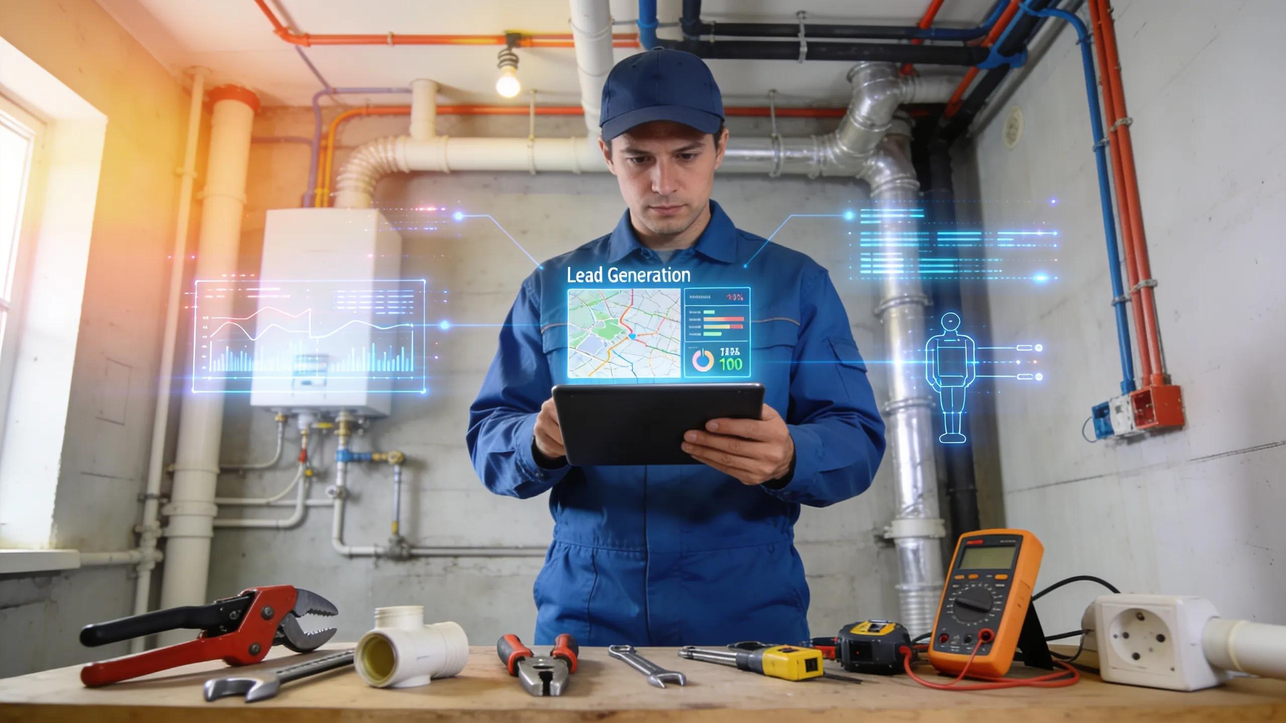 Technician using a tablet to leverage AI technology at a job site