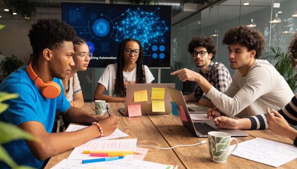 Dynamic team collaboration in a modern office focused on AI marketing strategies