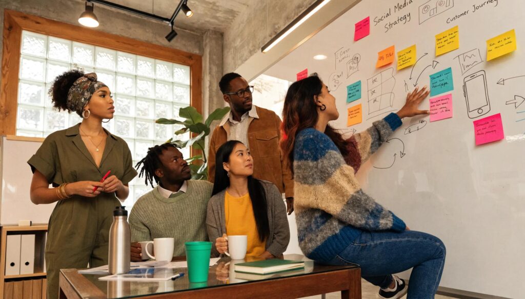 Small business team collaborating on marketing strategies in a bright office, emphasizing teamwork and innovation
